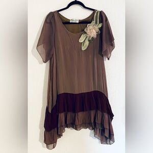 Lady Noiz brown chiffon dress with a ruffled hem and floral applique